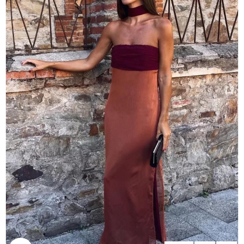 Elegant Strapless Burgundy and Brown Maxi Dress